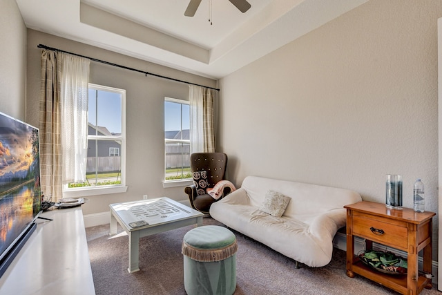 living area with carpet, a raised ceiling, and ceiling fan