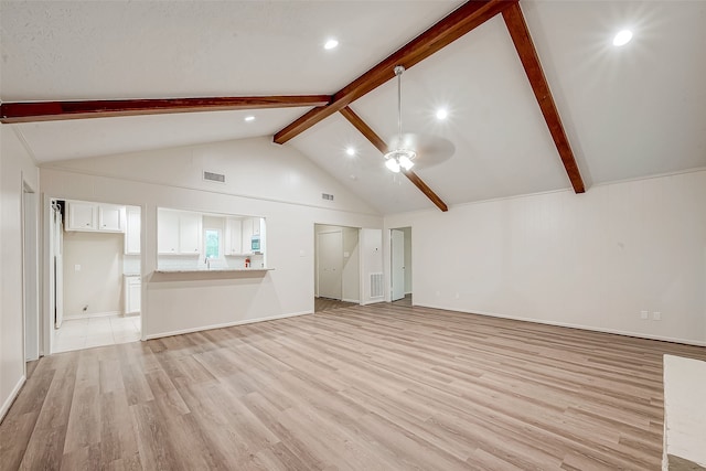 unfurnished living room featuring ceiling fan, light hardwood / wood-style flooring, high vaulted ceiling, and beamed ceiling