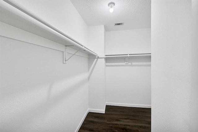 walk in closet with dark hardwood / wood-style flooring