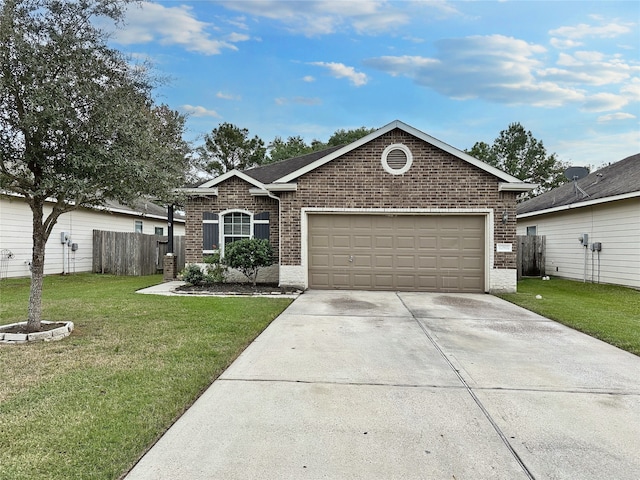 ranch-style home featuring a garage and a front lawn