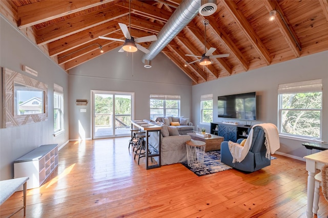 living room featuring ceiling fan, wooden ceiling, light hardwood / wood-style flooring, beamed ceiling, and high vaulted ceiling