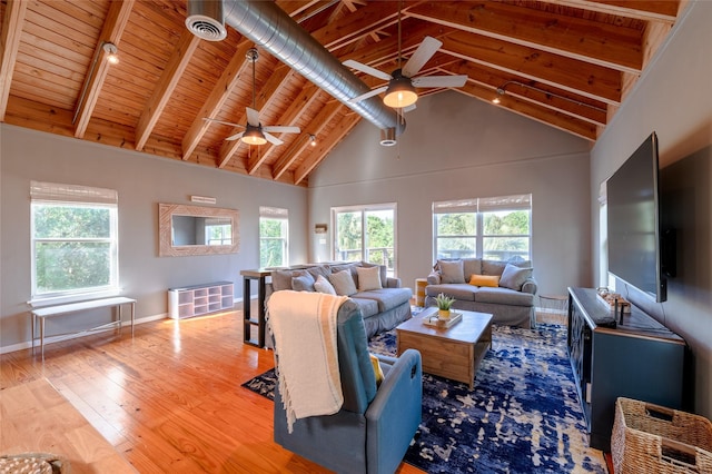 living room featuring ceiling fan, wooden ceiling, high vaulted ceiling, beamed ceiling, and light hardwood / wood-style floors