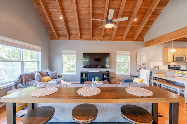 dining area featuring wooden ceiling, high vaulted ceiling, ceiling fan, light wood-type flooring, and beamed ceiling