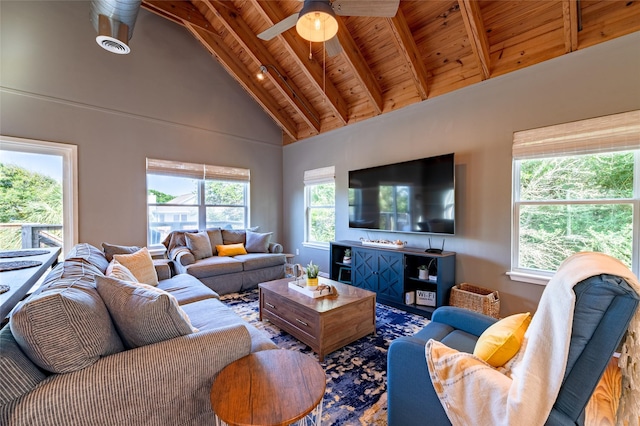 living room featuring beamed ceiling, plenty of natural light, wooden ceiling, and high vaulted ceiling