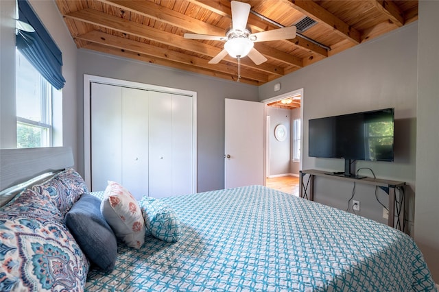 bedroom featuring wood ceiling, ceiling fan, wood-type flooring, beam ceiling, and a closet