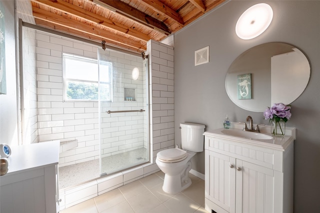 bathroom featuring tile patterned floors, vanity, wooden ceiling, beamed ceiling, and a shower with shower door