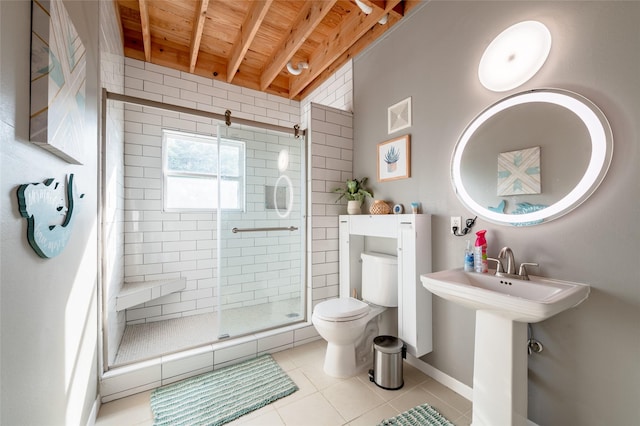 bathroom featuring wooden ceiling, tile patterned flooring, toilet, beamed ceiling, and a shower with shower door