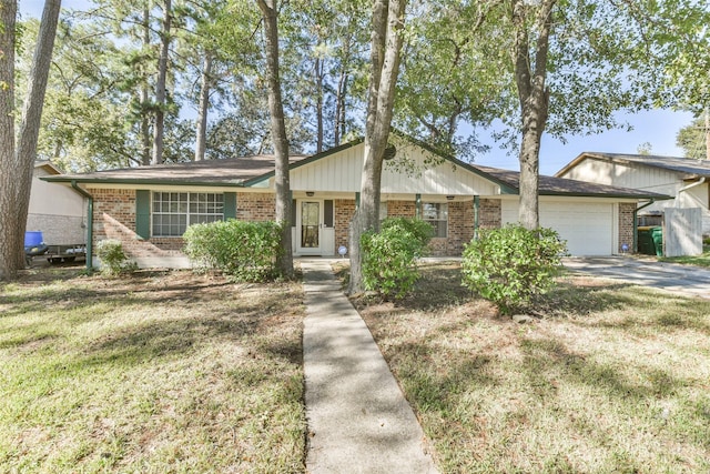 ranch-style house with a front yard and a garage