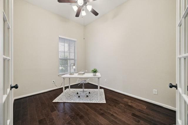 home office with ceiling fan, french doors, and wood-type flooring