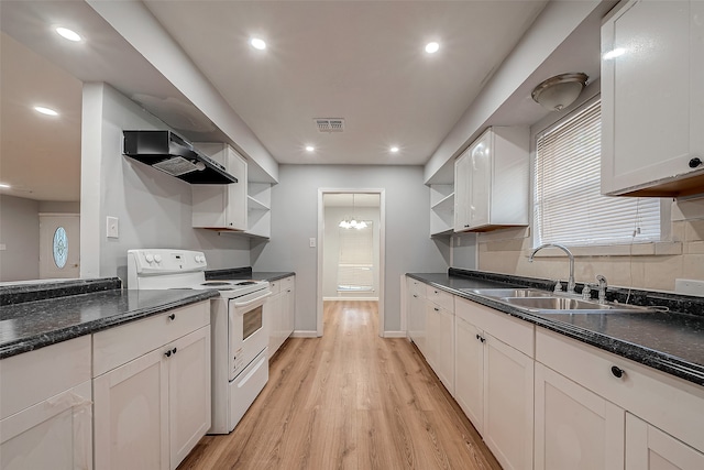 kitchen featuring white range with electric stovetop, sink, wall chimney range hood, light hardwood / wood-style flooring, and white cabinetry