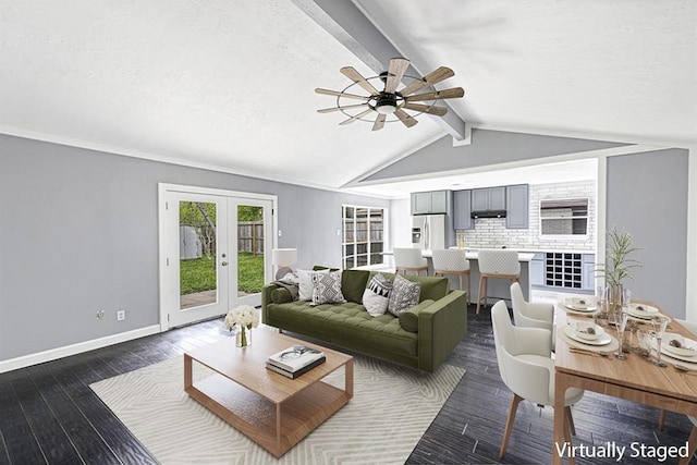 living room featuring french doors, ceiling fan, vaulted ceiling with beams, and dark wood-type flooring