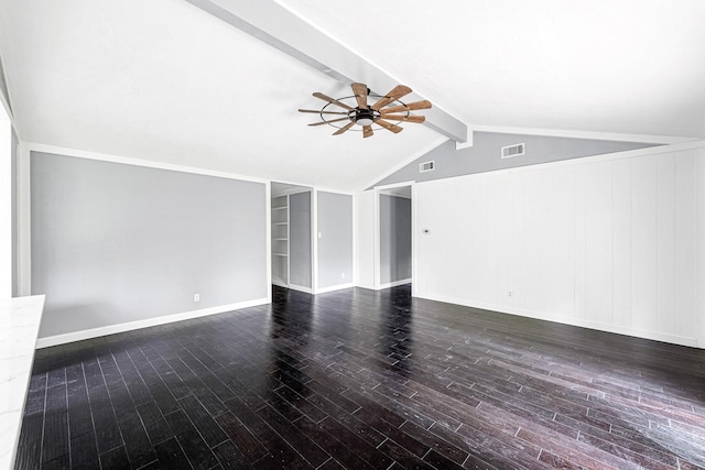 unfurnished living room featuring ceiling fan and vaulted ceiling with beams