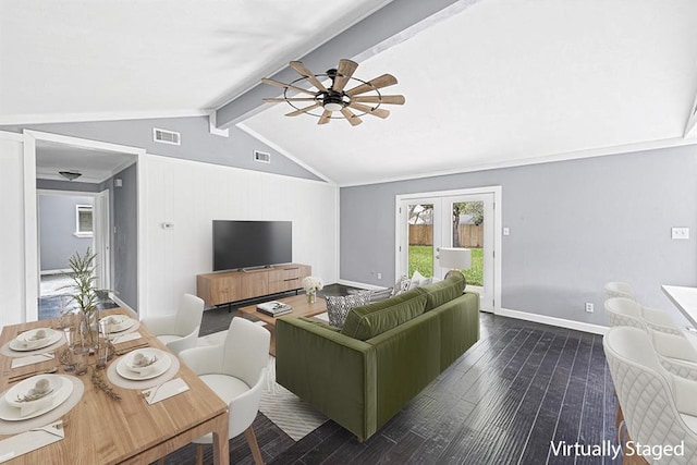 living room featuring french doors, ceiling fan, vaulted ceiling with beams, and dark wood-type flooring