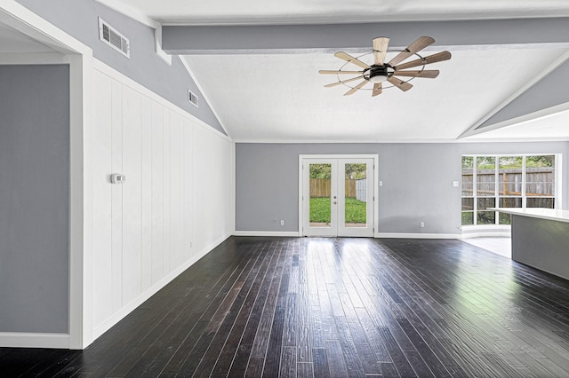 unfurnished living room featuring ceiling fan, lofted ceiling with beams, and dark hardwood / wood-style floors