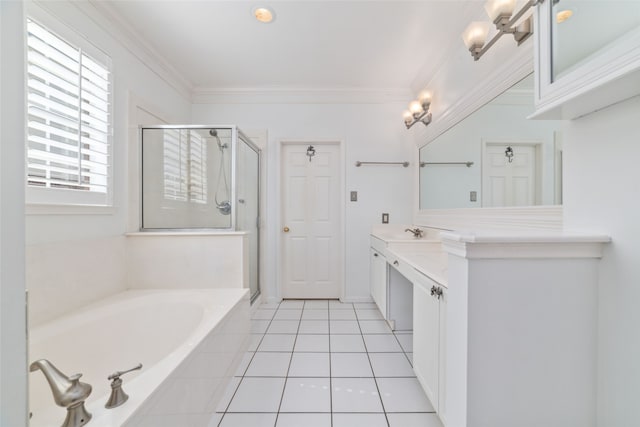 bathroom with tile patterned flooring, vanity, ornamental molding, and independent shower and bath