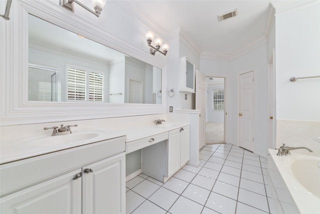 bathroom with vanity, tile patterned flooring, a relaxing tiled tub, and ornamental molding