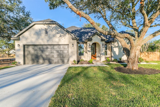 view of front of home with a front lawn and a garage