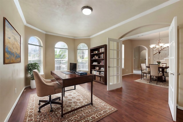 home office featuring french doors, ornamental molding, dark hardwood / wood-style flooring, and a notable chandelier