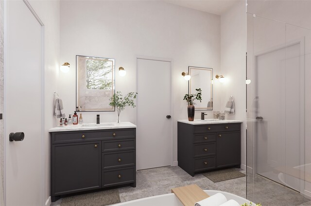 full bath featuring a sink, two vanities, and a shower stall