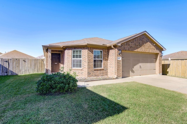 ranch-style home with a garage and a front lawn