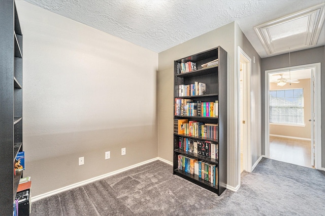 misc room with attic access, carpet, baseboards, and a textured ceiling