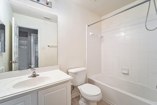 bathroom featuring tile patterned flooring, visible vents, toilet, shower / bath combination, and a textured ceiling