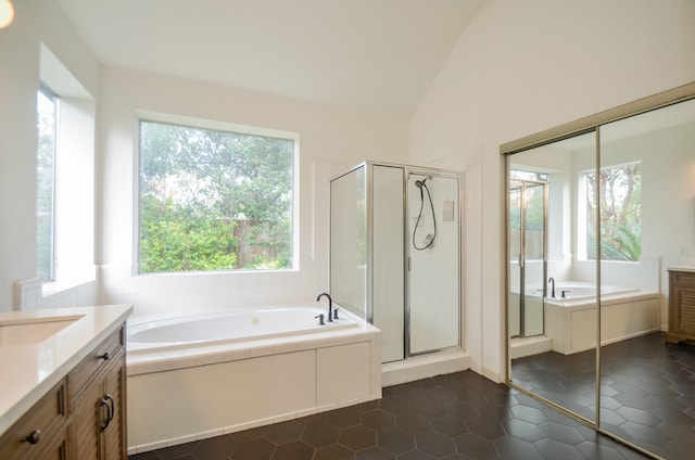 bathroom with vanity, a healthy amount of sunlight, and lofted ceiling