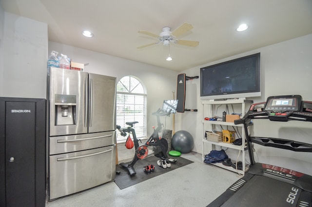 workout room featuring ceiling fan