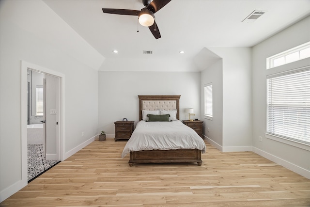 bedroom featuring light wood-type flooring and ceiling fan