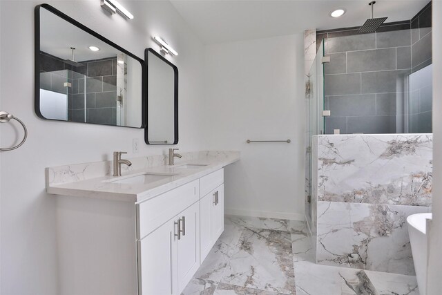 9339 Lavender St, North Houston, TX 77016 - full bathroom featuring marble finish floors, a stall shower, double vanity, a freestanding bath, and recessed lighting