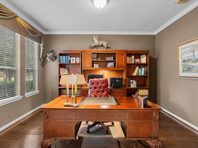 office space with crown molding, dark wood-type flooring, and a textured ceiling