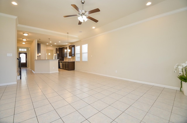 unfurnished living room with ceiling fan, light tile patterned floors, and crown molding