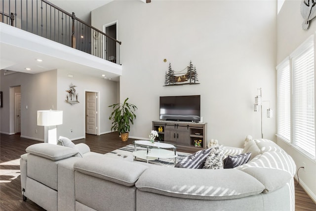 living room featuring dark wood-type flooring and a high ceiling