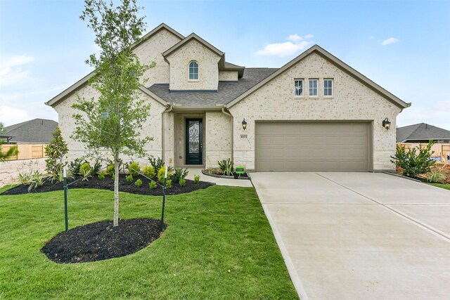 16171 Sheridan River Trl, Conroe, TX 77302 - french country inspired facade featuring concrete driveway, a front lawn, a shingled roof, and a garage