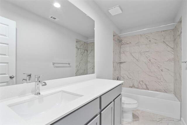 6703 Old Cypress Landing Ln, Humble, TX 77338 - full bathroom with vanity, visible vents, toilet, marble finish floor, and shower / bathing tub combination