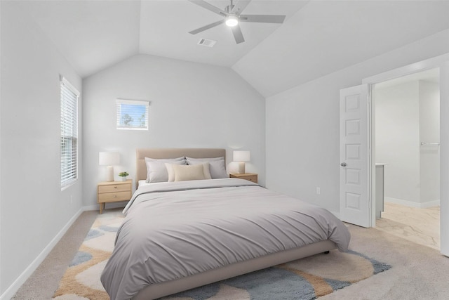 6703 Old Cypress Landing Ln, Humble, TX 77338 - bedroom with light colored carpet, ceiling fan, lofted ceiling, and visible vents