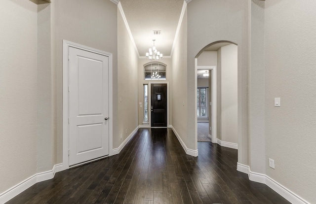 foyer with dark hardwood / wood-style flooring and a notable chandelier