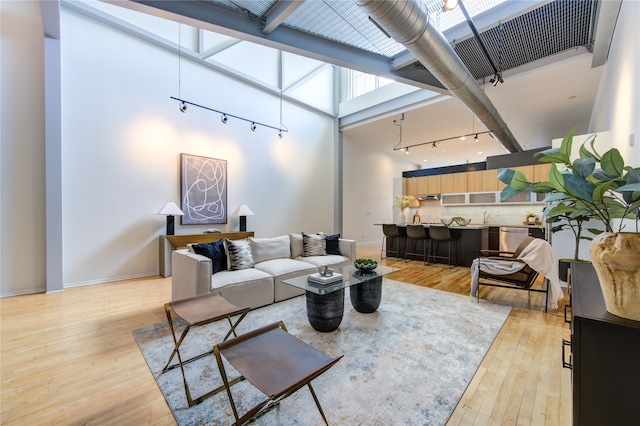 living room featuring a high ceiling, light wood-type flooring, and sink