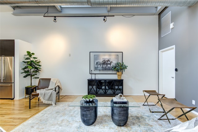 living room featuring wood-type flooring and a high ceiling