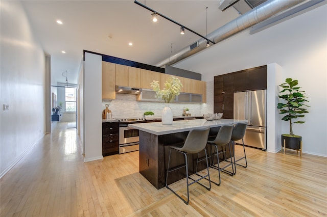 kitchen featuring backsplash, a kitchen breakfast bar, light wood-type flooring, appliances with stainless steel finishes, and a kitchen island