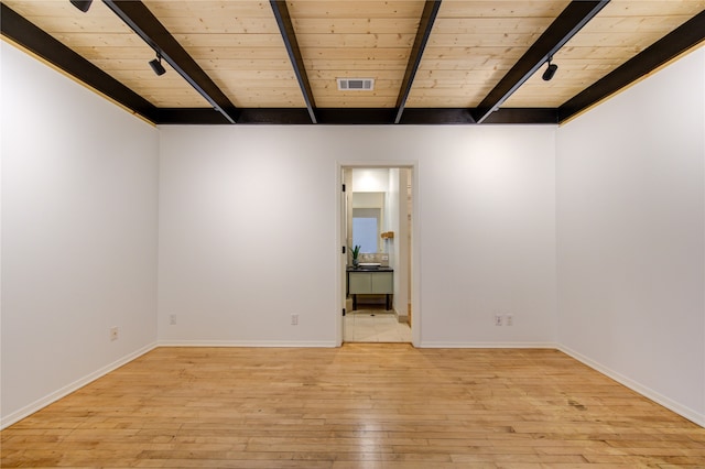 spare room featuring beam ceiling, light hardwood / wood-style flooring, and wooden ceiling