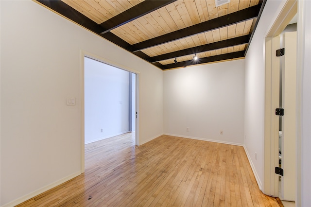 unfurnished room featuring beamed ceiling, light hardwood / wood-style flooring, and wood ceiling