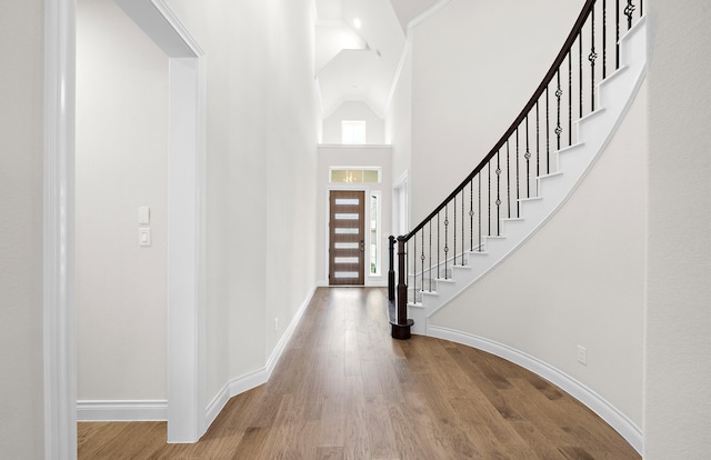 entryway with hardwood / wood-style flooring and a high ceiling