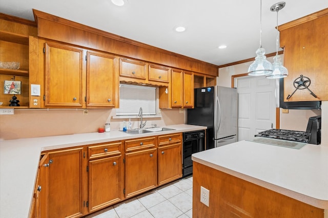 kitchen with sink, stainless steel refrigerator, black dishwasher, light tile patterned flooring, and decorative light fixtures