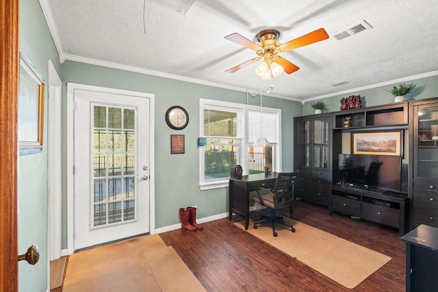 office space featuring crown molding, wood-type flooring, and a textured ceiling