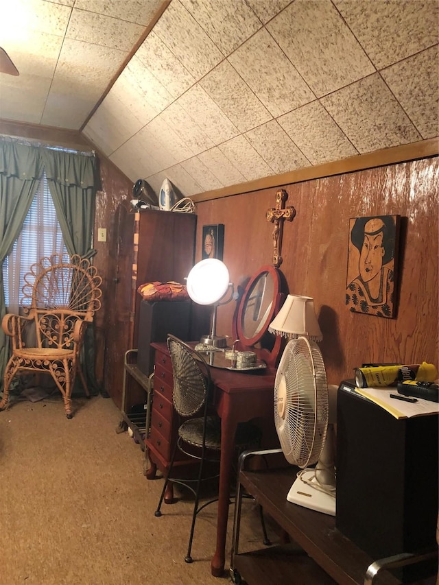 1544 E Taylor Lake Cir, Livingston, TX 77351 - carpeted home office featuring wooden walls and vaulted ceiling
