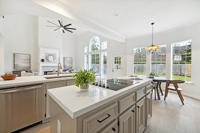 kitchen with dishwasher, a kitchen island, plenty of natural light, and sink