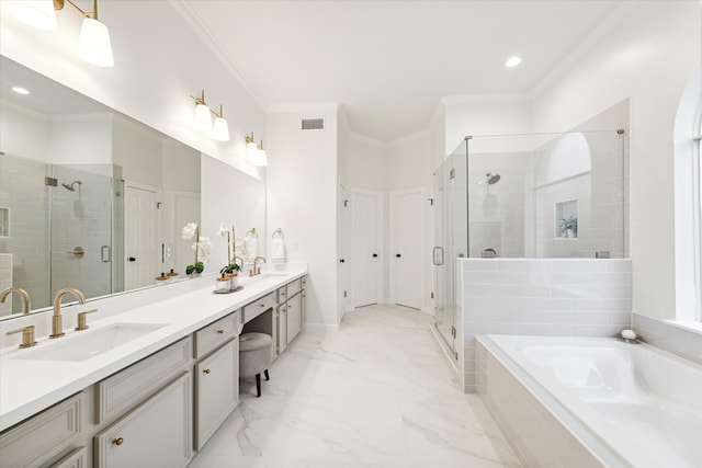 bathroom with plus walk in shower, vanity, and ornamental molding