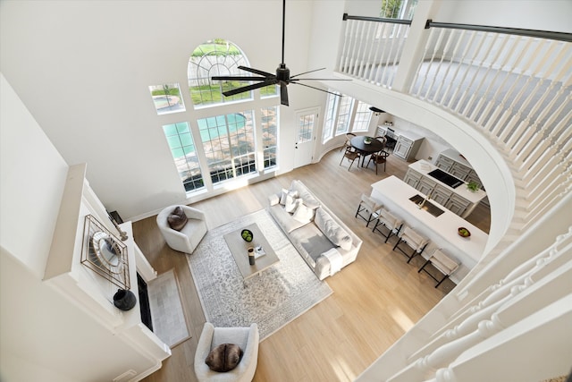 living room with ceiling fan, wood-type flooring, and a high ceiling