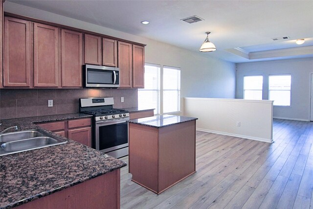 kitchen featuring sink, stainless steel appliances, plenty of natural light, and light hardwood / wood-style flooring